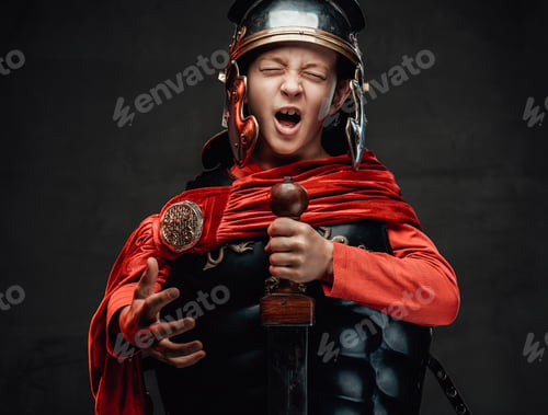 Preview: Expressive roman boy with sword dressed in dark armour with cloak
