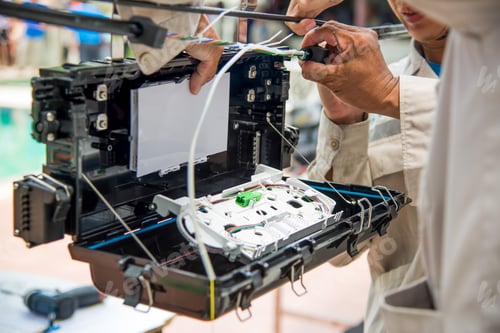Preview: Technicians are install cabinet on fiber optic cable.Blur images