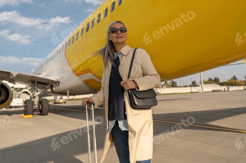 Preview: Portrait of passenger woman in sunglasses with luggage near plane at airport looking away