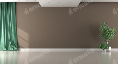 Preview: Empty brown room with green curtain and houseplant
