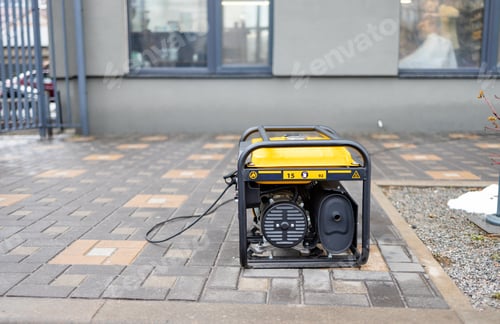 Preview: Power supply generator placed on street sidewalk. outdoor diesel power generator in Ukraine.