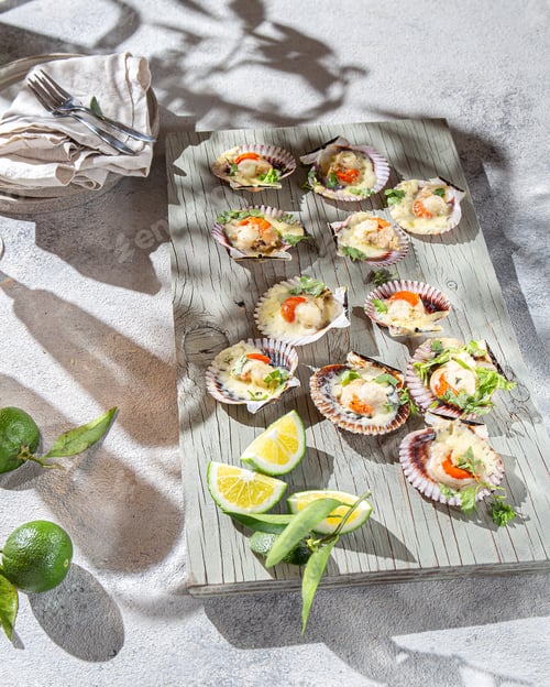 Preview: Summer table with baked ostions with cheese. Sunlight immitation, top view