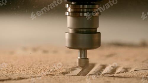 Preview: Close up of a carving machine drilling a wooden plank with a flying dust. Creative. Industrial