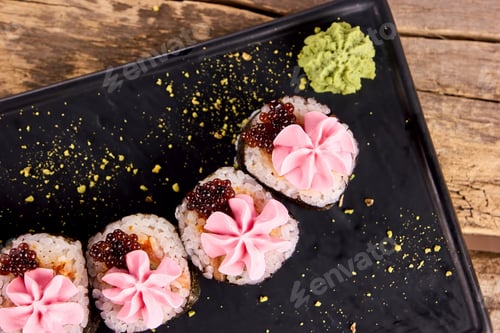 Preview: Creative sushi rolls and wasabi, close up.