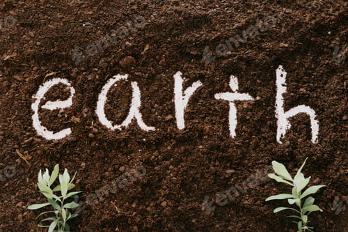 Preview: Background of soil with the word earth written in it and two plants
