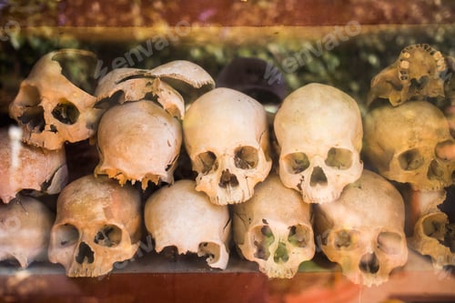 Preview: Pile of human skulls on a wat thmei at Siem Reap, Cambodia
