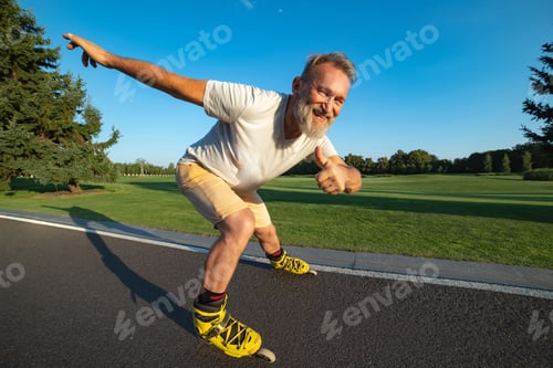Preview: The happy elderly man rollerblading and thumbs up on the alley.