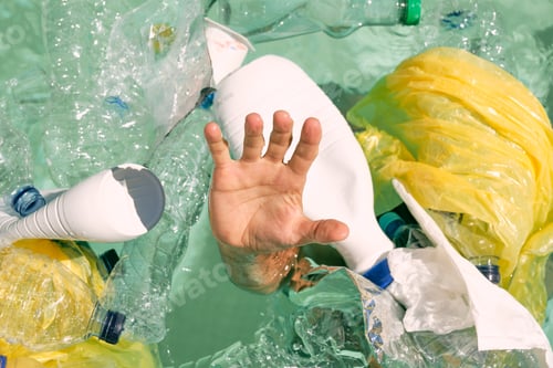 Preview: man's hand coming out of the water asking for help surrounded by plastic bottles floating