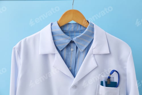 Preview: Clean White Doctor's Coat Hanging on Blue Wall