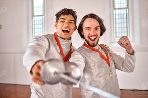Preview: Winning, fencing and men with medal in portrait for celebration after success, goal achievement or
