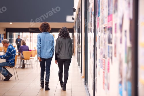 Preview: Rear View Of Two Mature Female Students Or Teachers Walking Through Hall Of Busy College Building