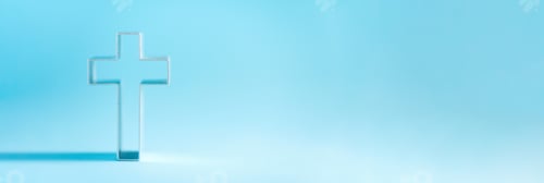 Preview: Christian cross on blue background with soft bokeh lights background. Copy space. Banner. Church