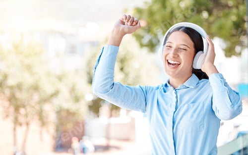 Preview: Headphones, dance and business woman at park, in nature or outdoors with mockup. Audio, streaming o