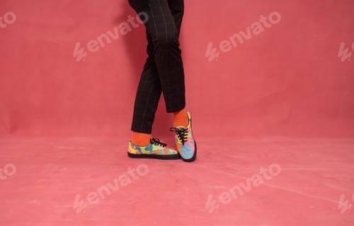 Preview: One Man, Showing His New Sneakers. Lower Body Shot, With Pants, Colorful Canvas Shoe And Socks.