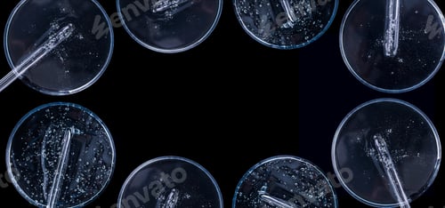 Preview: banner glass pipette serum gel closeup in petri dish on a dark background