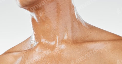 Preview: Body of man sweating from exercise, skin neck with water dripping or wet body cropped on white stud