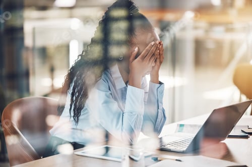 Preview: Stress, anxiety and burnout with a business woman suffering with mental health in her office at wor