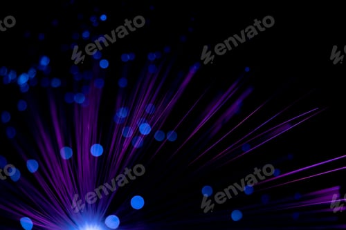 Preview: Fantastic backdrop of illuminated neon purple fiber optic lines and glowing blue bokeh on black.