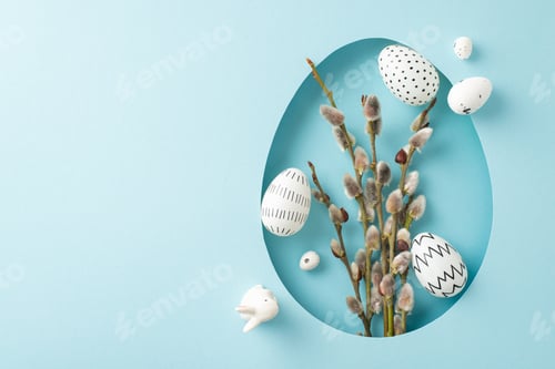 Preview: Festive Easter creative concept: Top-view photo of enchanting Easter Bunny figurine