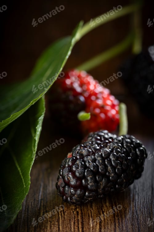 Preview: Fresh Ripe Mulberry with Leaf on Dark Wooden Background