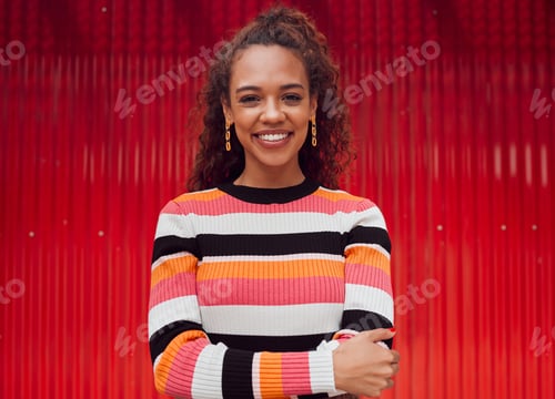 Preview: Fashion, smile and woman against a red background in the city during a holiday in Amsterdam. Portra
