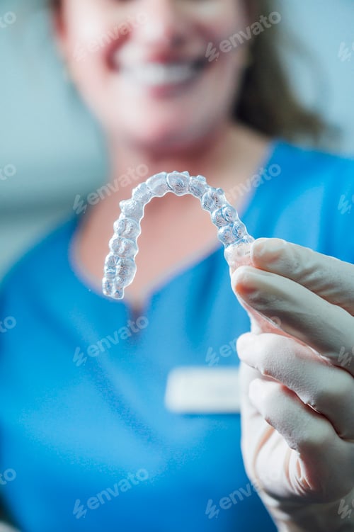 Preview: Female doctor holding a transparent dental aligner