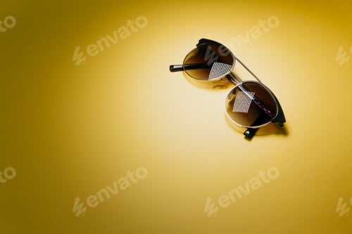 Preview: Pair of sunglasses over a pastel yellow with lights reflecting background with copy space