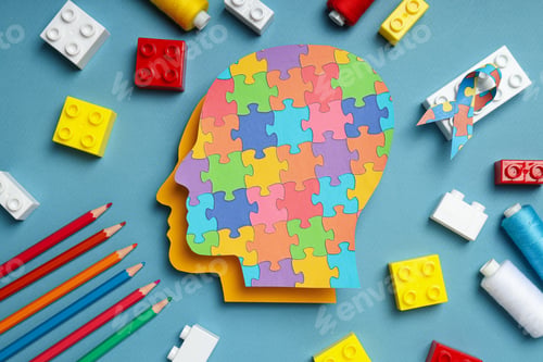 Preview: Paper human heads with colorful puzzle pieces on a light background. World autism day concept