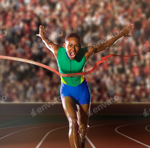 Preview: Young woman sprinting through winners tape in stadium