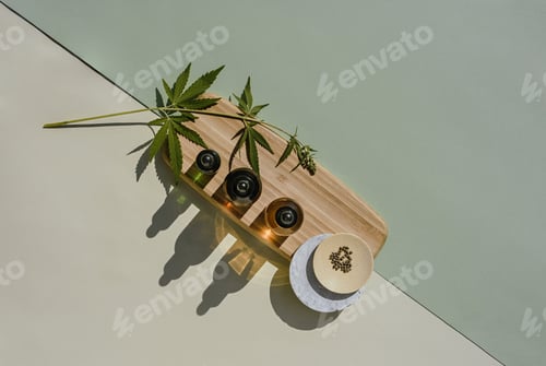 Preview: Different from bottle on a wooden podium with cannabis seeds leaves om marjuana