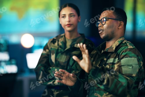 Preview: Night, talking and people in army with a strategy, cyber security or military communication. Data c