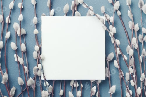 Preview: Spring pussy willow branches and blank card on blue baclground. Concept of Springtime