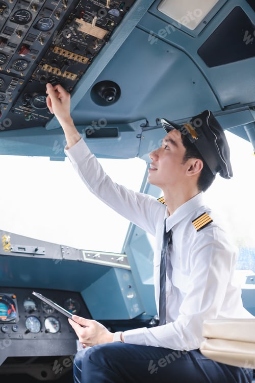 Preview: Successful serious airplane captain pilot preparing for flight at Airport.