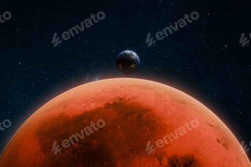 Preview: Earth and Mars seen together in outer space, red Martian surface. Space view of Earth from Mars