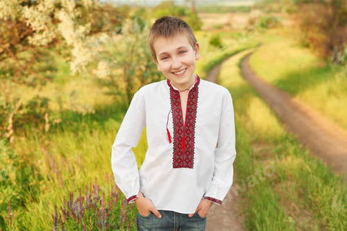 Preview: Ukrainian boy in embroidered shirt. Independence Day of Ukraine.