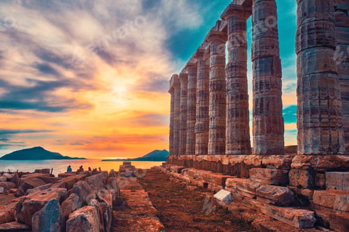 Preview: Poseidon temple ruins on Cape Sounio on sunset, Greece
