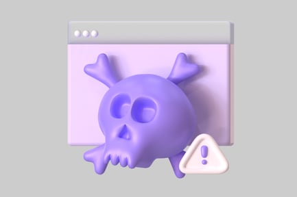 Aperçu: Tête de mort et os croisés devant une fenêtre de navigateur avec un symbole d'avertissement.