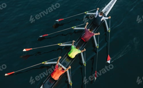 Preview: High angle view of unrecognizable male crew racers, Lake Union, Seattle, Washington