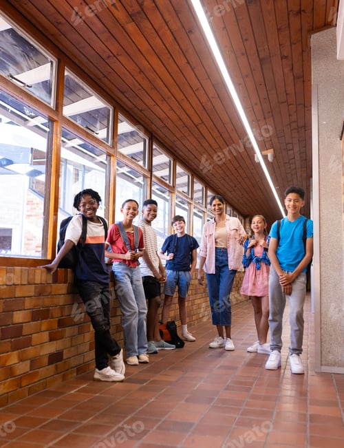 Preview: Group of students standing in school hallway, smiling and posing together