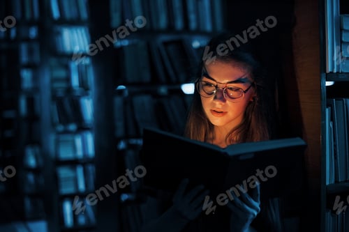 Preview: Imagination conception. Female student is in library that full of books. Conception of education