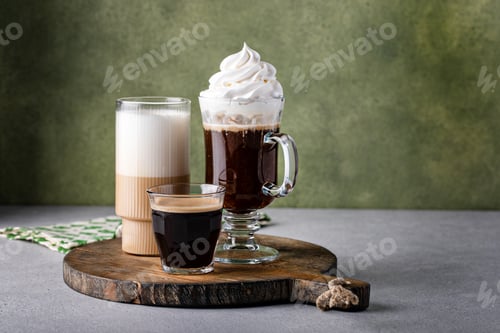 Preview: Variety of coffee or espresso drinks in different glasses