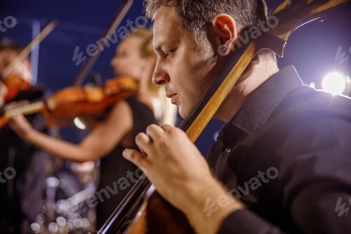 Preview: Male musician playing cello at night outdoor concert