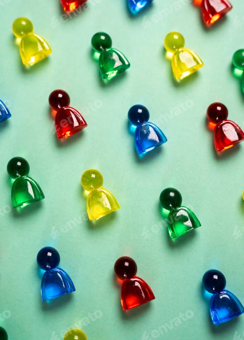 Preview: Multi-colored figures of people on a turquoise background. Concept of sociology, psychology