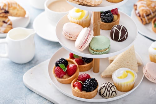 Preview: Spring or summer dessert table, three tiered tray with desserts