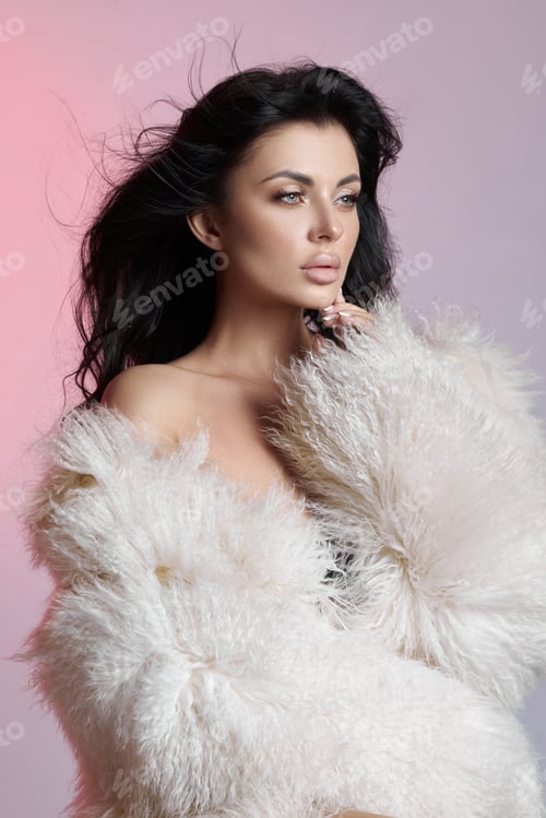 Preview: Beauty portrait of a woman with black hair, beautiful makeup. Long hair with styling, romantic woman