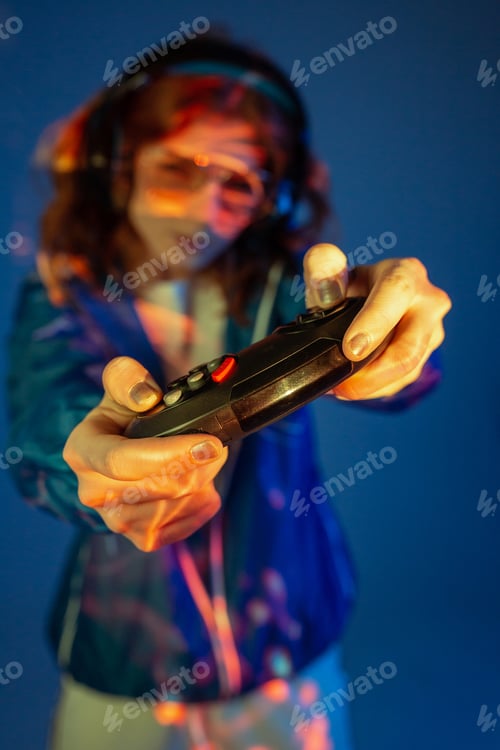 Preview: Woman enjoying with helmets and command video game