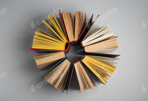 Preview: Circle made of hardcover books on grey background, flat lay