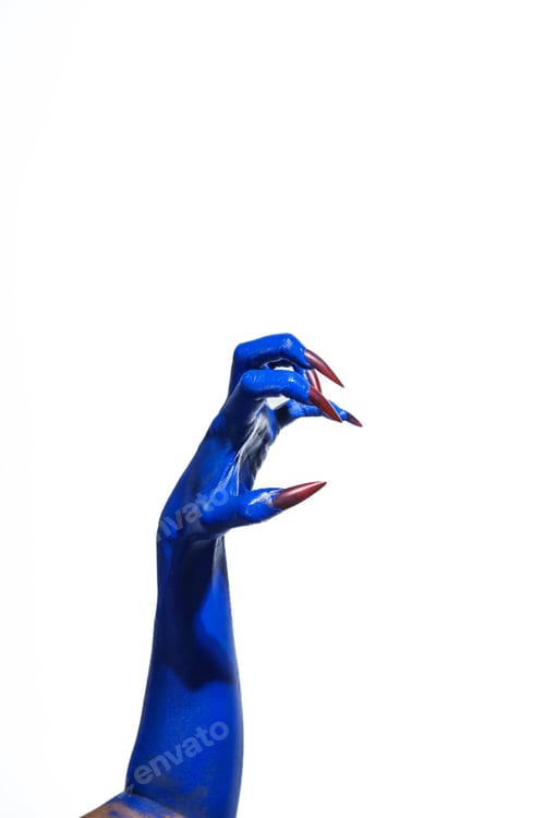 Preview: A witch's blue hand with sharp red nails white background.exudes demonic,monstrous vibe,blending
