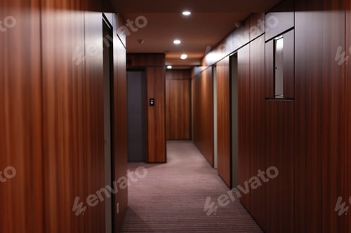 Preview: Empty dark interior of the modern Hotel corridor, with wood-paneled walls, elegant carpets