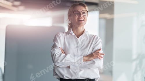 Preview: Smiling beautiful business woman working in modern IT office and looks away